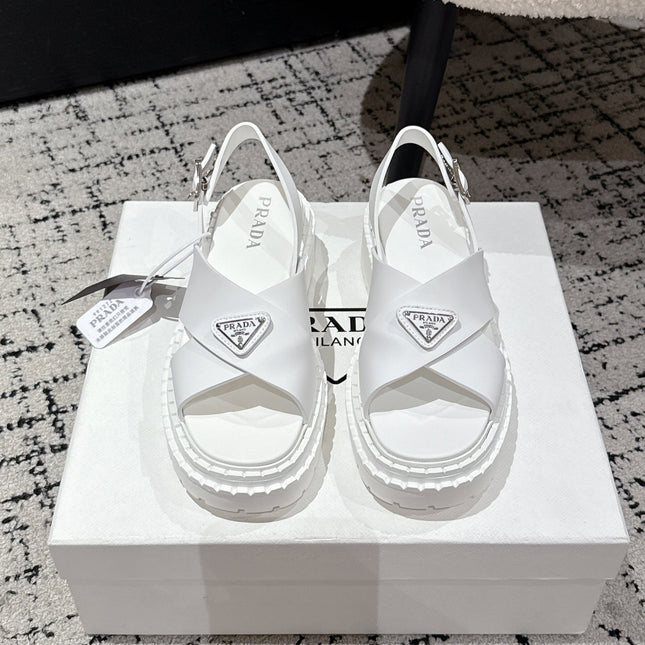 PRADA 25S CRISSCROSS SANDALS IN WHITE CALFSKIN LOGO