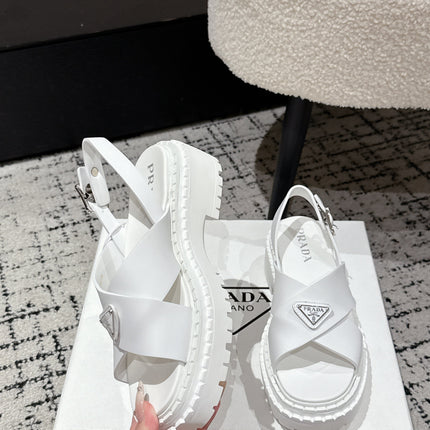 PRADA 25S CRISSCROSS SANDALS IN WHITE CALFSKIN LOGO
