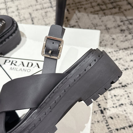 PRADA 25S CRISSCROSS SANDALS IN BLACK CALFSKIN LOGO