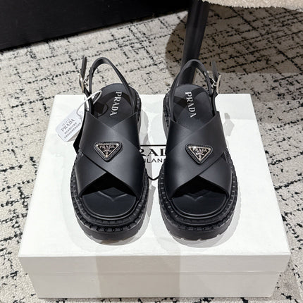 PRADA 25S CRISSCROSS SANDALS IN BLACK CALFSKIN LOGO