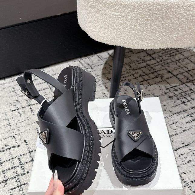 PRADA 25S CRISSCROSS SANDALS IN BLACK CALFSKIN LOGO