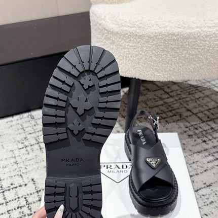 PRADA 25S CRISSCROSS SANDALS IN BLACK CALFSKIN LOGO