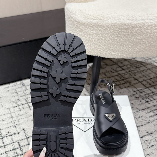 PRADA 25S CRISSCROSS SANDALS IN BLACK CALFSKIN LOGO