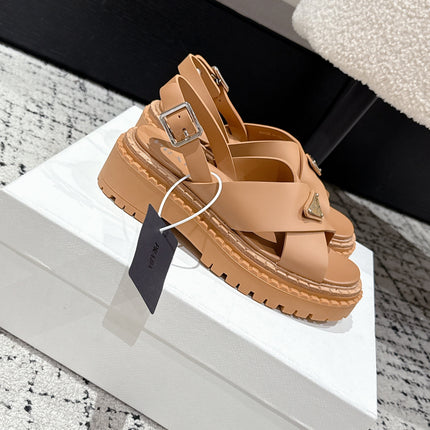 PRADA 25S CRISSCROSS SANDALS IN BURNT ORANGE CALFSKIN LOGO