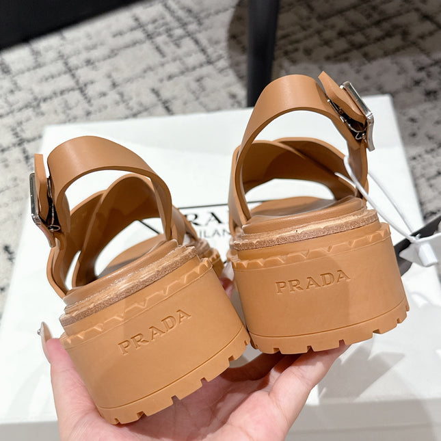 PRADA 25S CRISSCROSS SANDALS IN BURNT ORANGE CALFSKIN LOGO