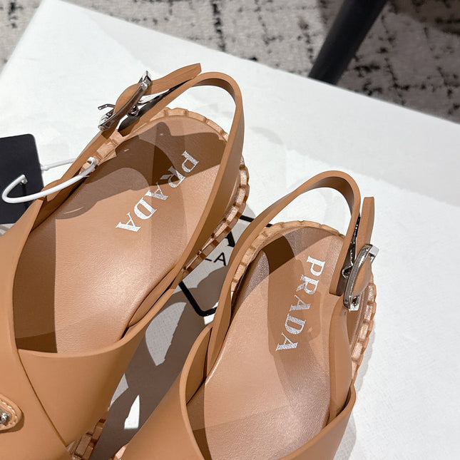 PRADA 25S CRISSCROSS SANDALS IN BURNT ORANGE CALFSKIN LOGO