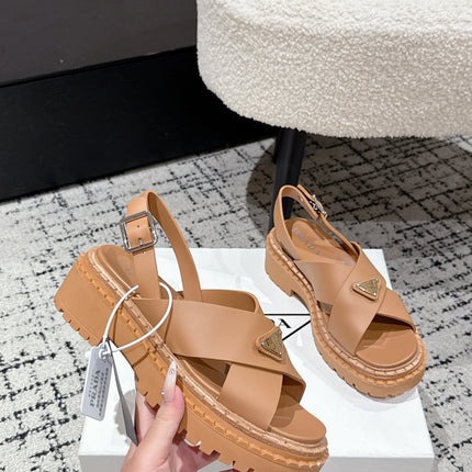 PRADA 25S CRISSCROSS SANDALS IN BURNT ORANGE CALFSKIN LOGO