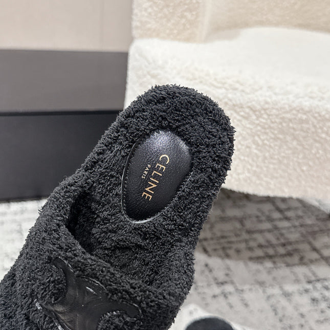 CELINE 25S SLIDES TRIOMPHE IN BLACK SPONGE FABRIC