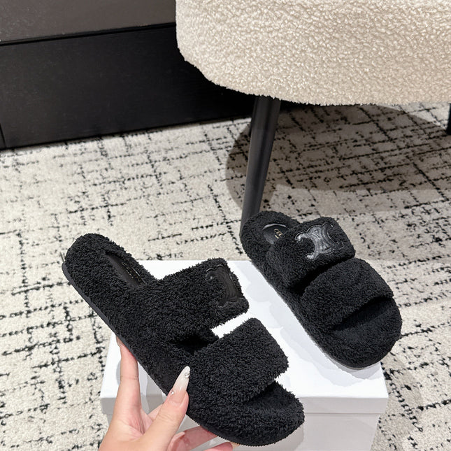 CELINE 25S SLIDES TRIOMPHE IN BLACK SPONGE FABRIC