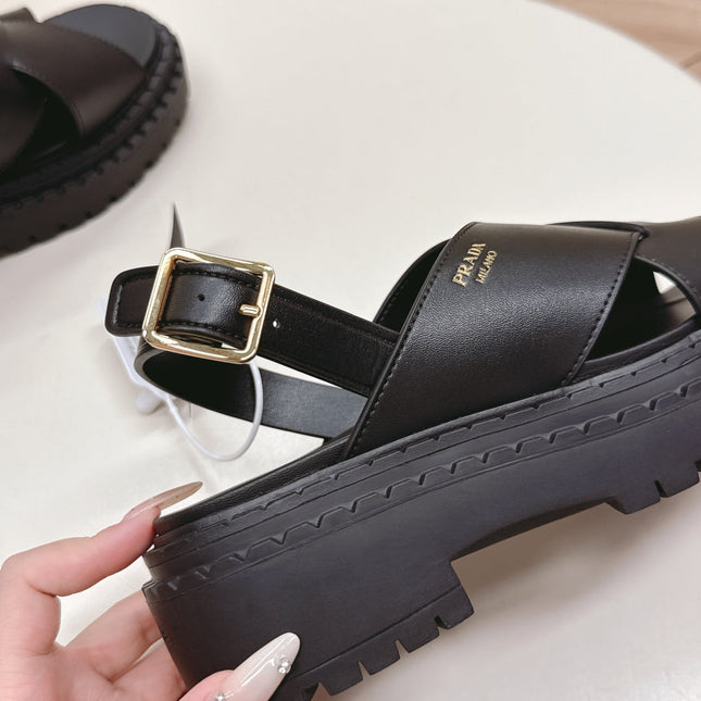 PRADA 25S CRISSCROSS SANDALS IN BLACK CALFSKIN