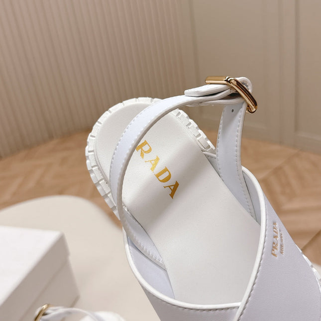 PRADA 25S CRISSCROSS SANDALS IN WHITE CALFSKIN
