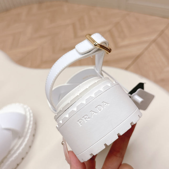 PRADA 25S CRISSCROSS SANDALS IN WHITE CALFSKIN