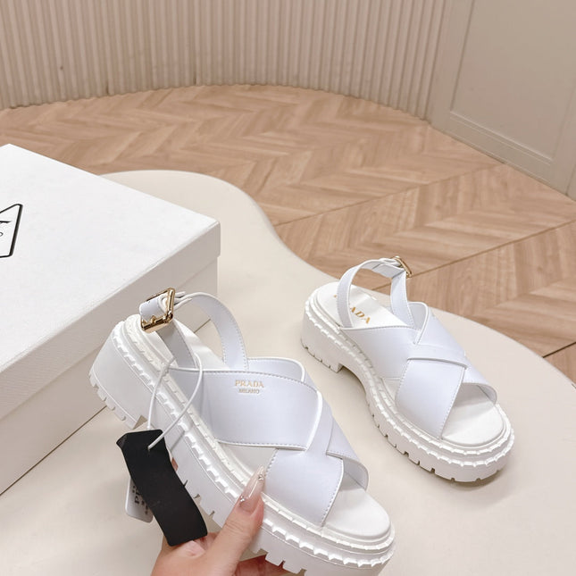 PRADA 25S CRISSCROSS SANDALS IN WHITE CALFSKIN