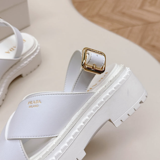 PRADA 25S CRISSCROSS SANDALS IN WHITE CALFSKIN