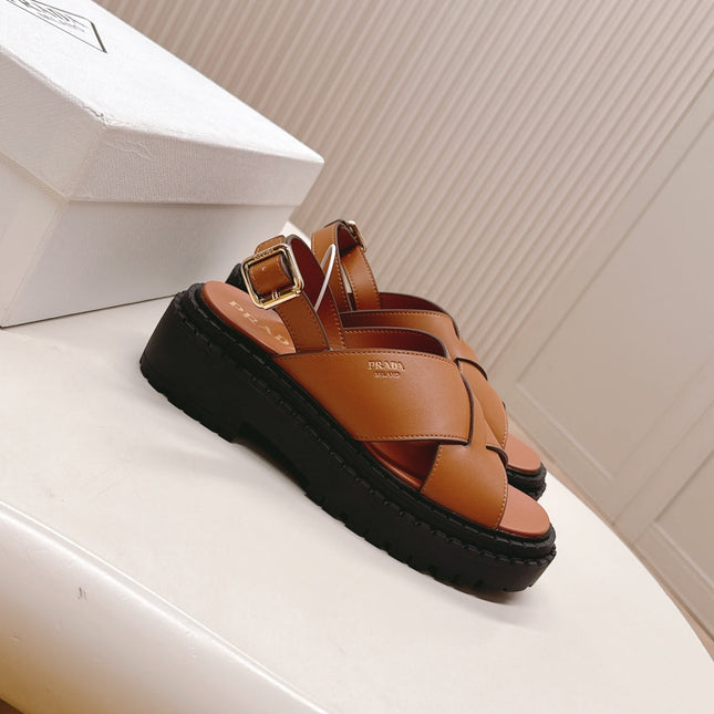PRADA 25S CRISSCROSS SANDALS IN LIGHT TAN CALFSKIN