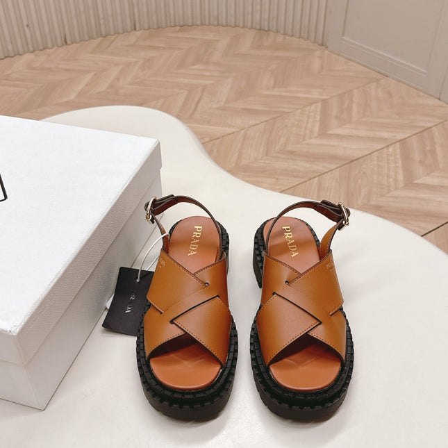 PRADA 25S CRISSCROSS SANDALS IN LIGHT TAN CALFSKIN