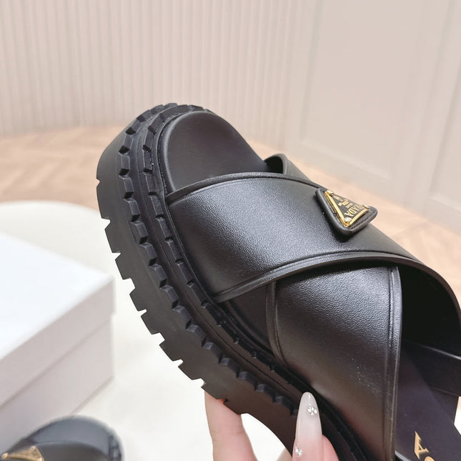 PRADA 25S SANDALS IN BLACK CALFSKIN LOGO GOLD HARDWARE