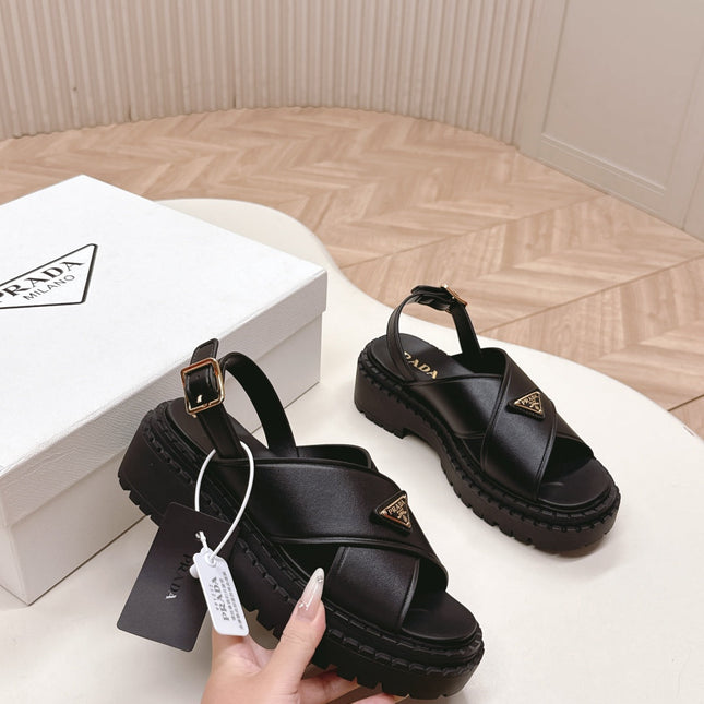 PRADA 25S SANDALS IN BLACK CALFSKIN LOGO GOLD HARDWARE