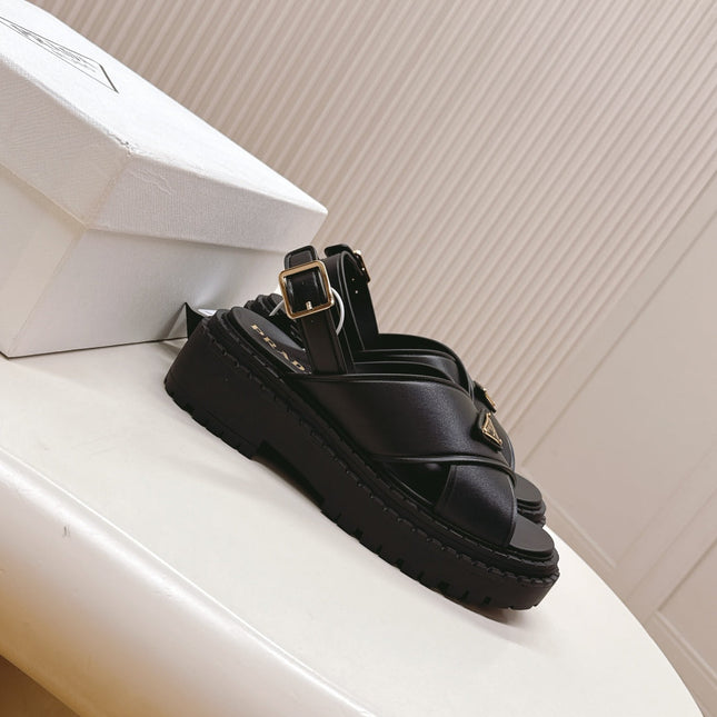 PRADA 25S SANDALS IN BLACK CALFSKIN LOGO GOLD HARDWARE