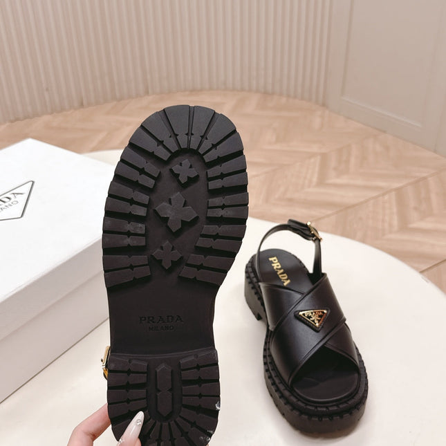 PRADA 25S SANDALS IN BLACK CALFSKIN LOGO GOLD HARDWARE