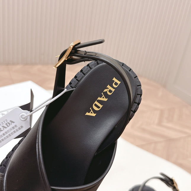 PRADA 25S SANDALS IN BLACK CALFSKIN LOGO GOLD HARDWARE