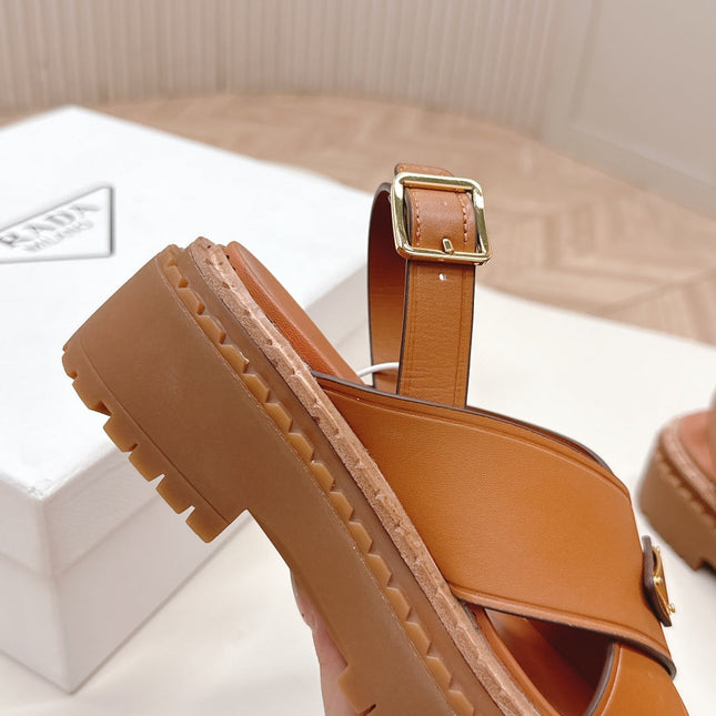 PRADA 25S SANDALS IN LIGHT TAN CALFSKIN LOGO GOLD HARDWARE