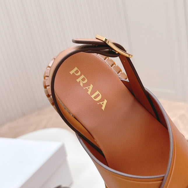 PRADA 25S SANDALS IN LIGHT TAN CALFSKIN LOGO GOLD HARDWARE