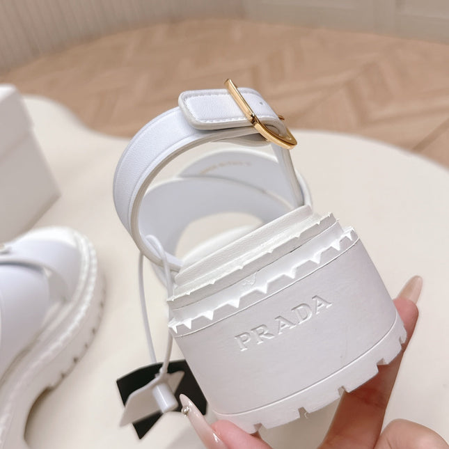 PRADA 25S SANDALS IN WHITE CALFSKIN LOGO GOLD HARDWARE