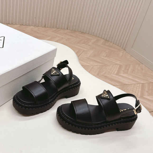 PRADA 25S SANDALS IN BLACK CALFSKIN LOGO