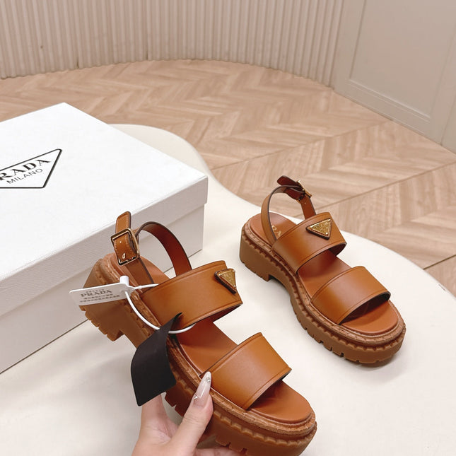 PRADA 25S SANDALS IN LIGHT TAN CALFSKIN LOGO
