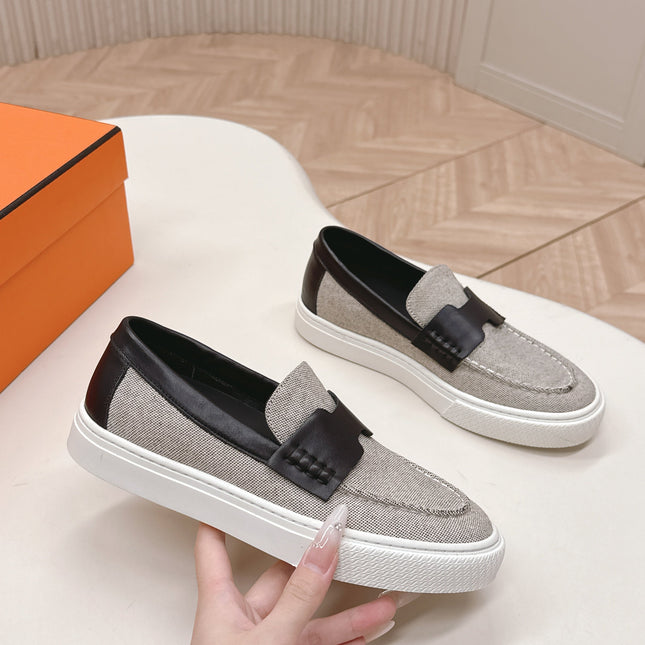 HM 25S SLIP-ON IN LIGHT GREY CANVAS AND BLACK LAMBSKIN