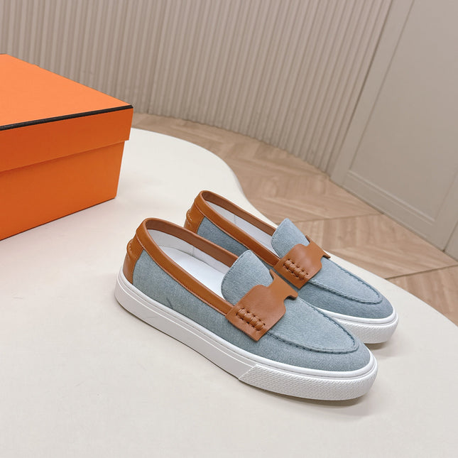 HM 25S SLIP-ON IN BLUE DENIM AND BROWN LAMBSKIN