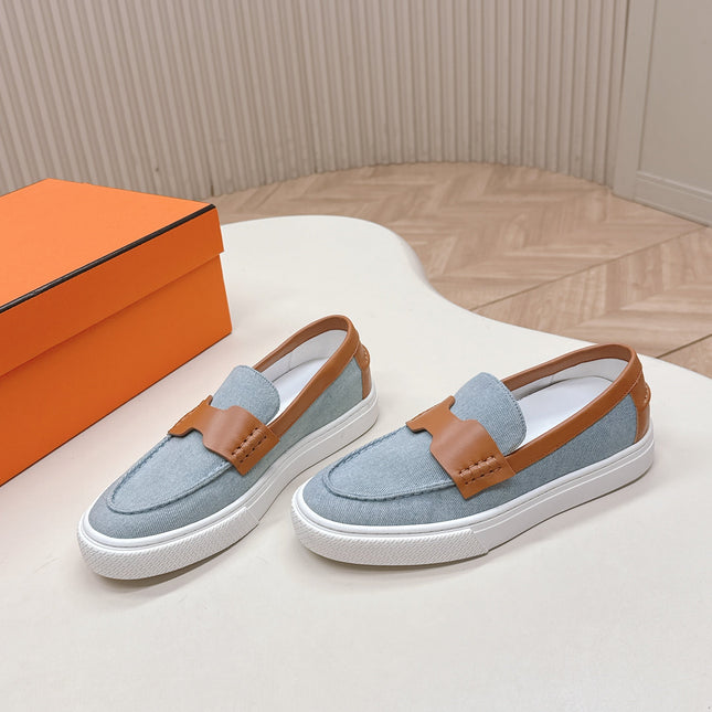 HM 25S SLIP-ON IN BLUE DENIM AND BROWN LAMBSKIN