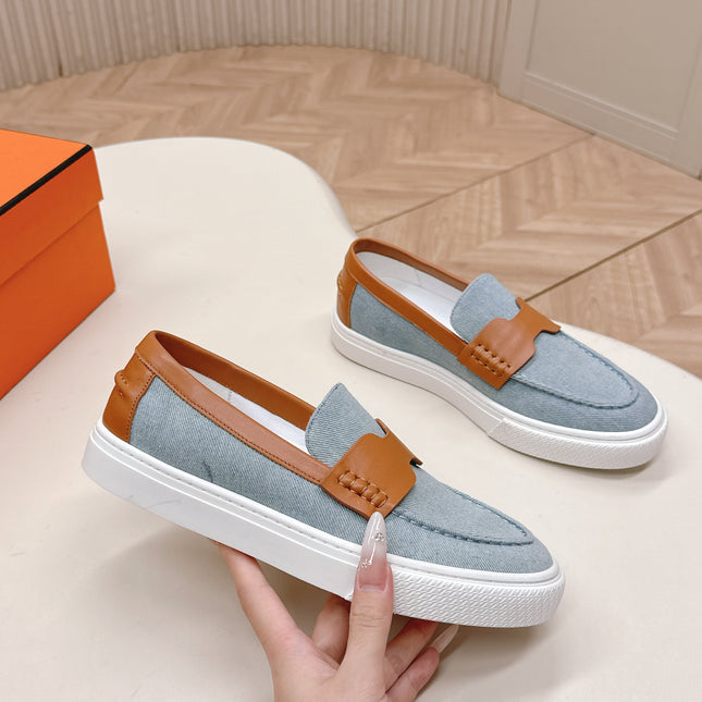 HM 25S SLIP-ON IN BLUE DENIM AND BROWN LAMBSKIN