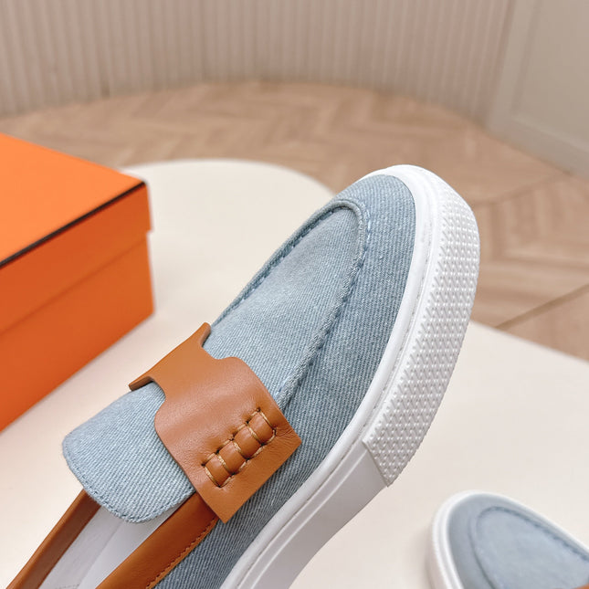 HM 25S SLIP-ON IN BLUE DENIM AND BROWN LAMBSKIN