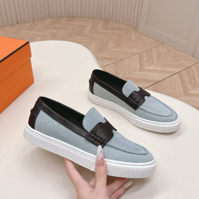 HM 25S SLIP-ON IN BLUE DENIM AND BLACK LAMBSKIN