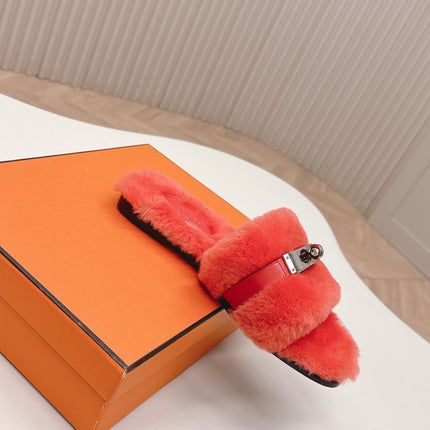 HM 25S ORAN SANDAL IN RED ORANGE SHEARLING WITH SILVER HARDWARE