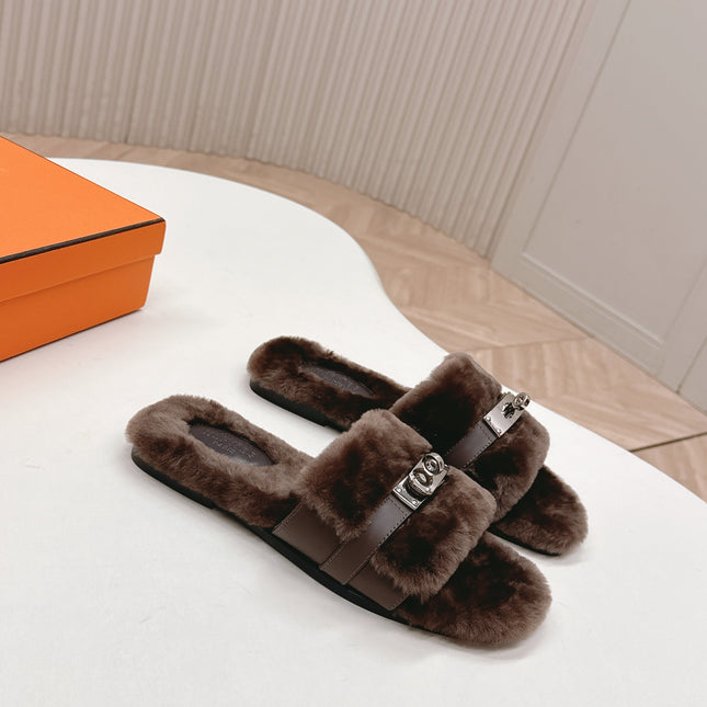 HM 25S ORAN SANDAL IN DARK BROWN SHEARLING WITH SILVER HARDWARE