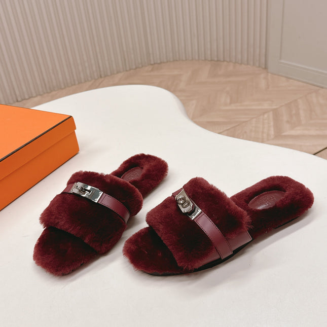 HM 25S ORAN SANDAL IN DARK RED SHEARLING WITH SILVER HARDWARE