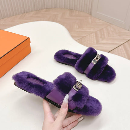 HM 25S ORAN SANDAL IN DARK PURPLE SHEARLING WITH SILVER HARDWARE