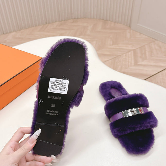 HM 25S ORAN SANDAL IN DARK PURPLE SHEARLING WITH SILVER HARDWARE