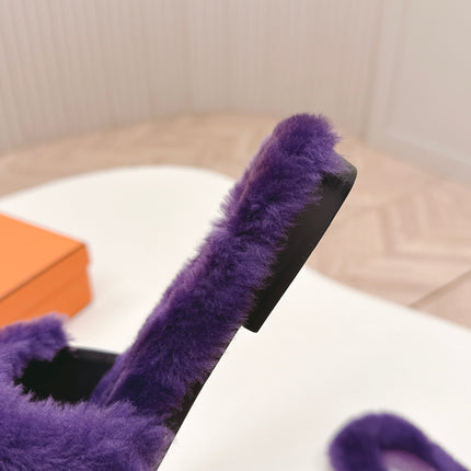 HM 25S ORAN SANDAL IN DARK PURPLE SHEARLING WITH SILVER HARDWARE