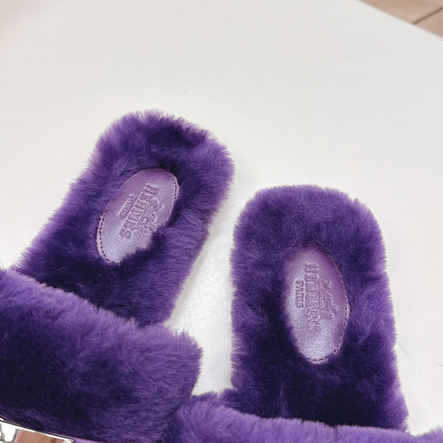 HM 25S ORAN SANDAL IN DARK PURPLE SHEARLING WITH SILVER HARDWARE