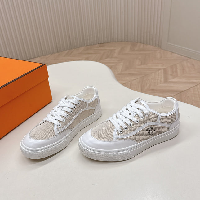 HM 25S SNEAKER LOW SPORTS IN BEIGE CANVAS MIX WHITE LAMBSKIN