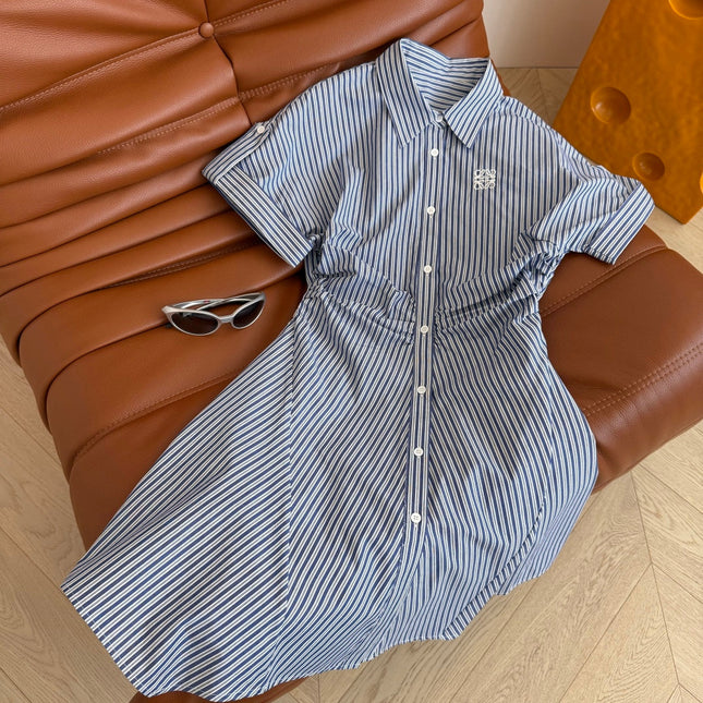 Loewe 25 Pleated Striped Dress Blue White Cotton