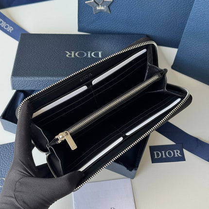 DIOR 25S LONG VERTICAL ZIPPED WALLET 19 IN BLACK CALFSKIN SILVER HARDWARE
