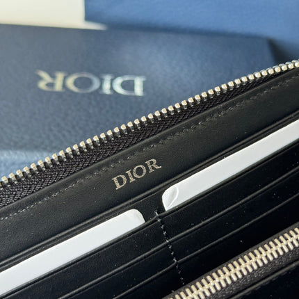 DIOR 25S LONG VERTICAL ZIPPED WALLET 19 IN BLACK CALFSKIN SILVER HARDWARE