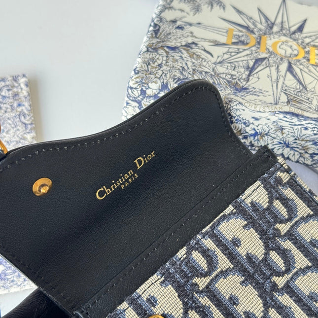 DIOR 25S SADDLE JASMINE GUSSET CARD HOLDER 10 IN BLUE BLACK OBLIQUE JACQUARD CANVAS AND CALFSKIN
