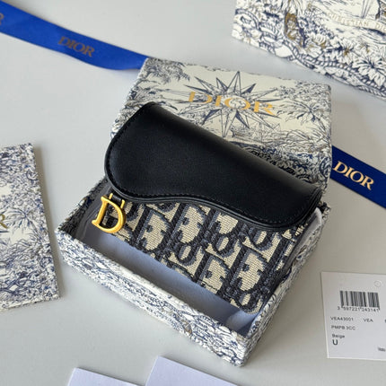 DIOR 25S SADDLE JASMINE GUSSET CARD HOLDER 10 IN BLUE BLACK OBLIQUE JACQUARD CANVAS AND CALFSKIN