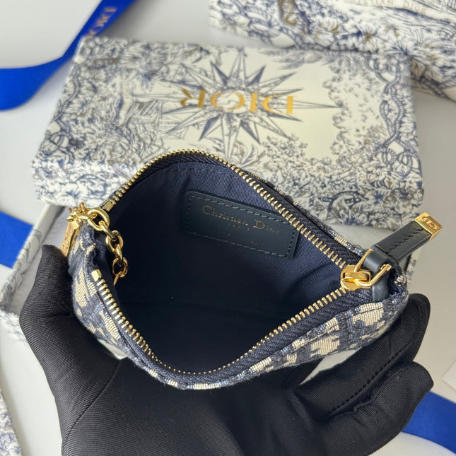 DIOR 25S TRAVEL MYRTE ZIPPED KEY CASE 14 IN DARK BLUE DIOR OBLIQUE JACQUARD CANVAS